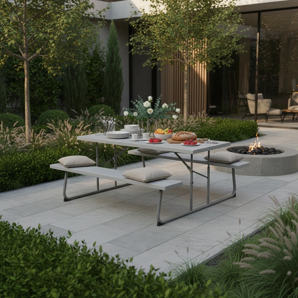 3 Costway Folding Picnic Table Bench Set 8-Person Outdoor Dining Table All-weather Camping Table Set - Grey, 3 of 4