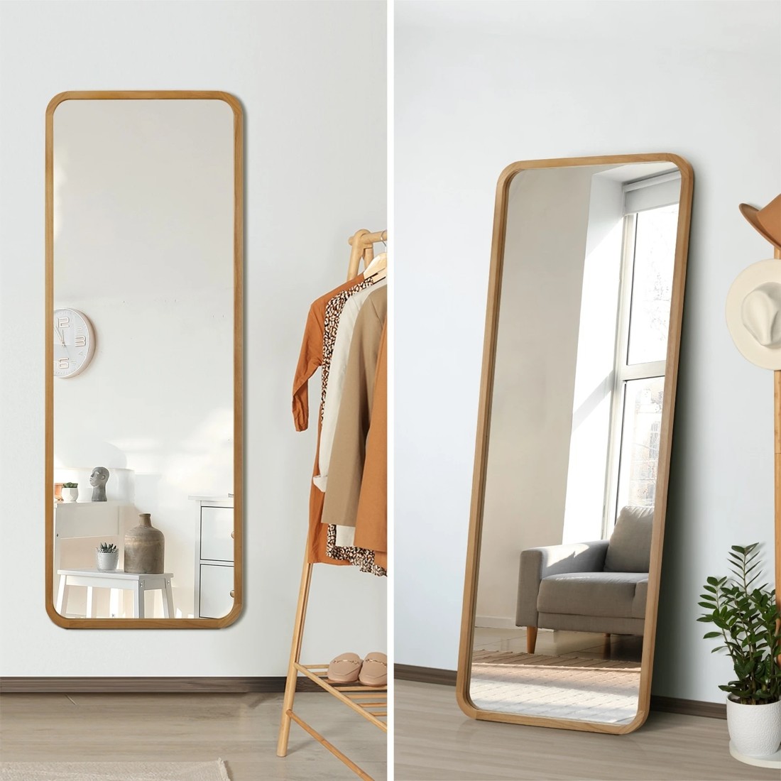 4 Oikiture Wooden Full Length Mirror 166x60cm Rectangle Dressing Floor Mirrors
 - Natural, 4 of 9