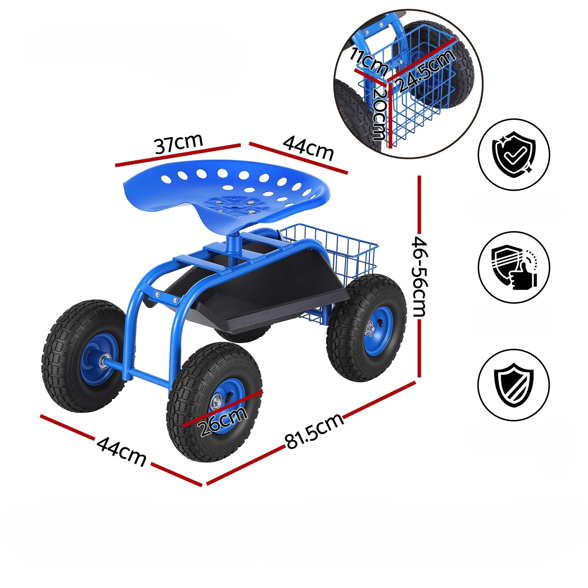 3 Gardeon Garden Seat with Wheels 360 Swivel Adjustable Height Rolling Stool 150kg - Blue, 3 of 9