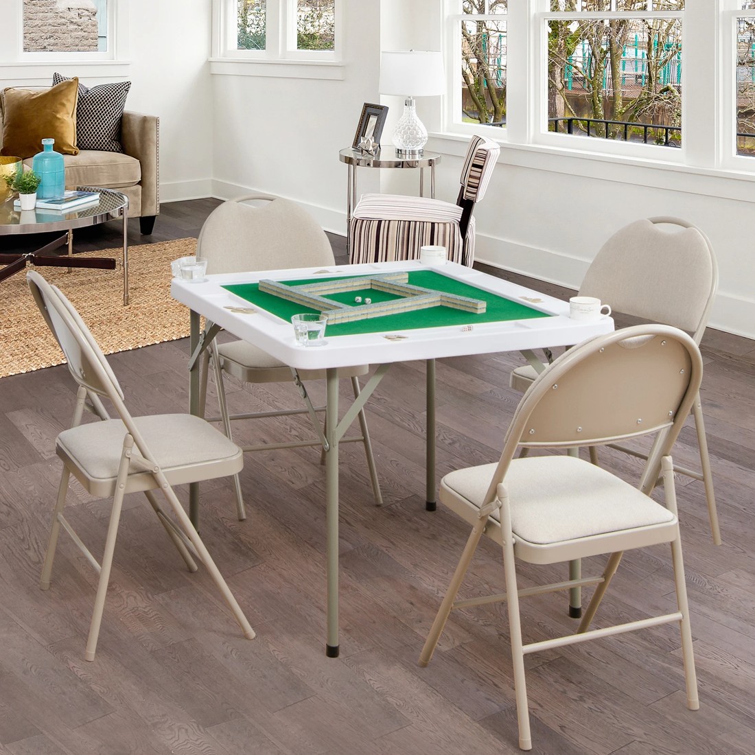 2 Costway Folding Mahjong Table Portable Card Table w/4 Cup Holders & 4 Chip Grooves, 2 of 3