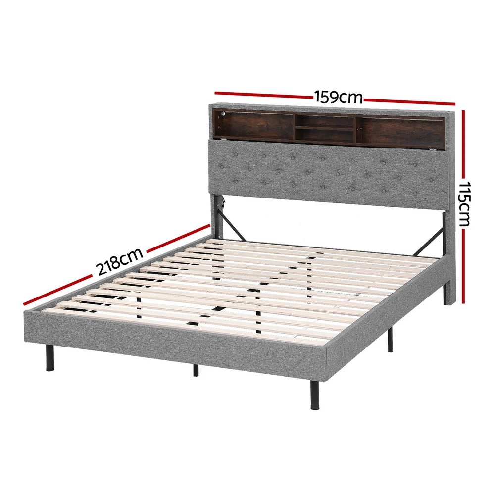 2 Artiss Bed Frame Queen Size LED Mattress Base Platform with Storage Shelf Hidden Storage Box - Grey, 2 of 8