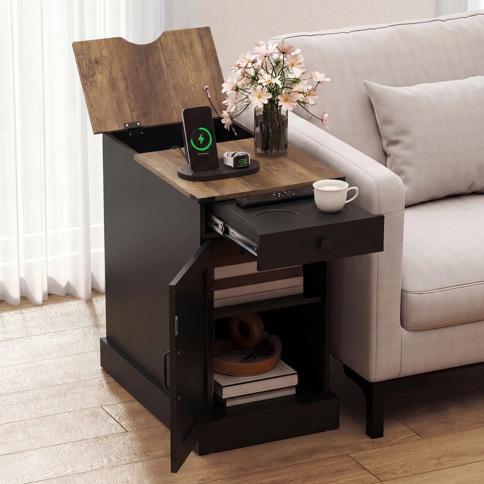 5 Costway Bedside Table w/Power Outlets Sofa Side Table - Black, 5 of 7