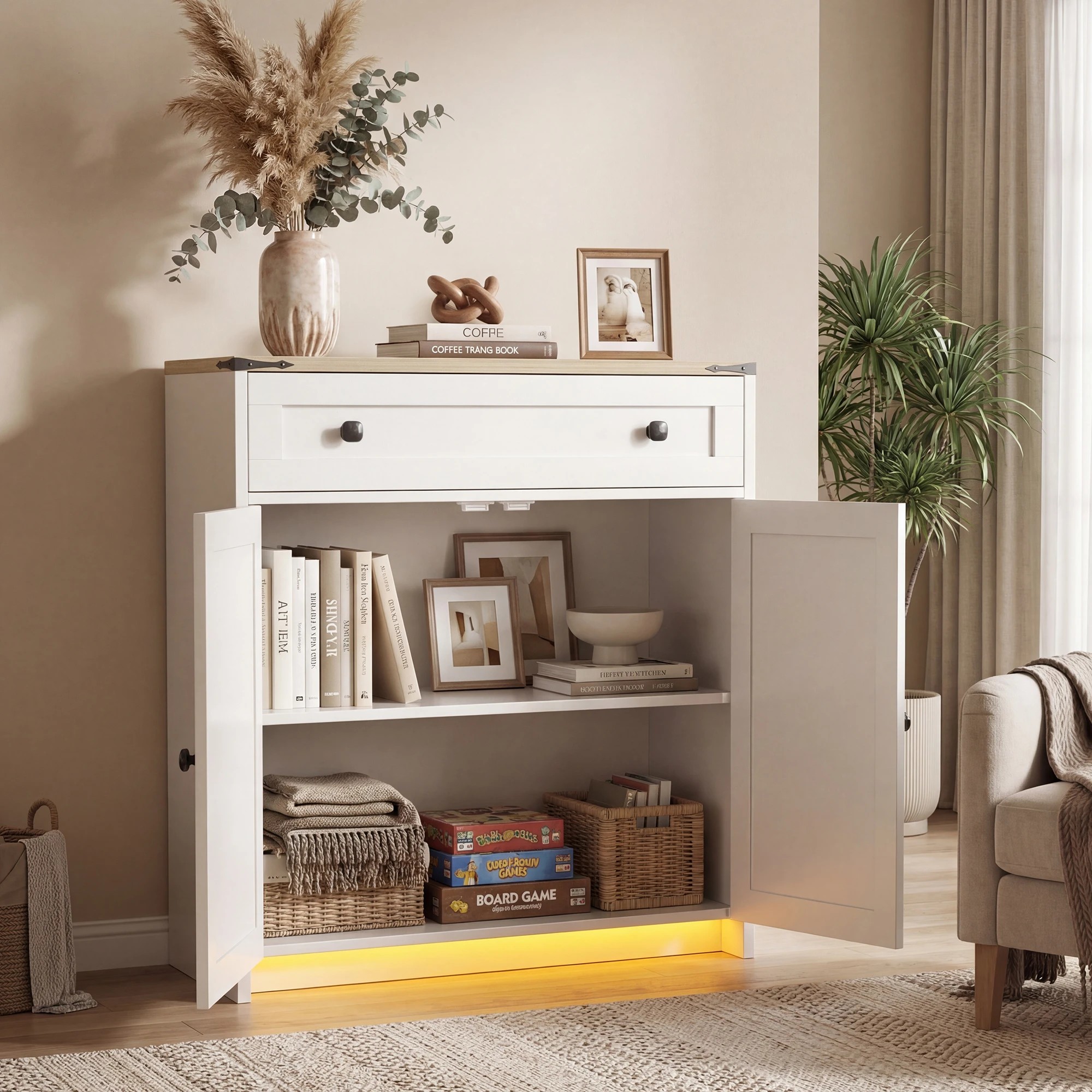 10 Advwin LED Farmhouse Sideboard Buffet Cabinet with 1 Drawer 2 Barn Doors - White, 10 of 10