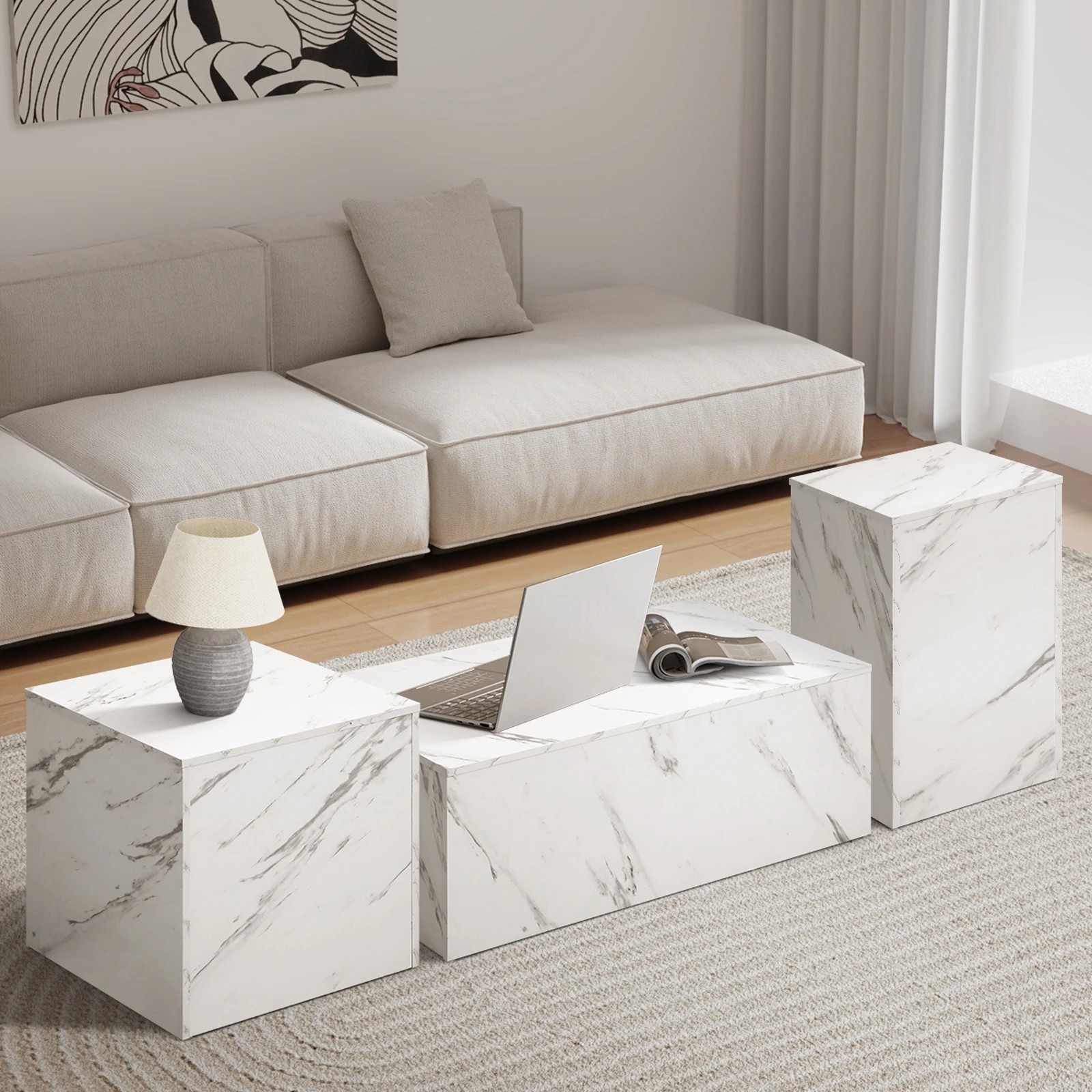 3 Oikiture Coffee Table Set Of 3 Side Tables Sofa Cafe Desk Marble Effect
 - White, 3 of 10