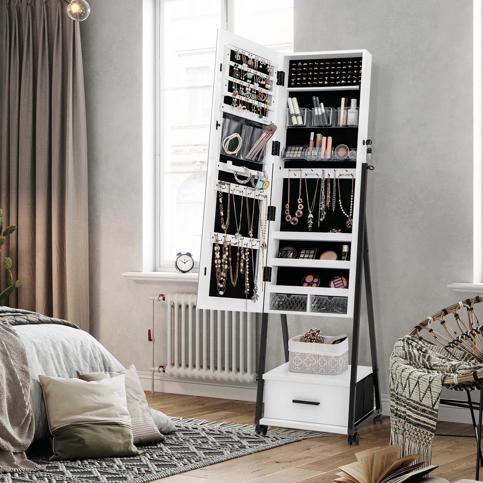 2 Costway Mobile Mirror Jewellery Cabinet Jewelry Makeup Organiser w/Drawers Jewelry Armoire - White, 2 of 4