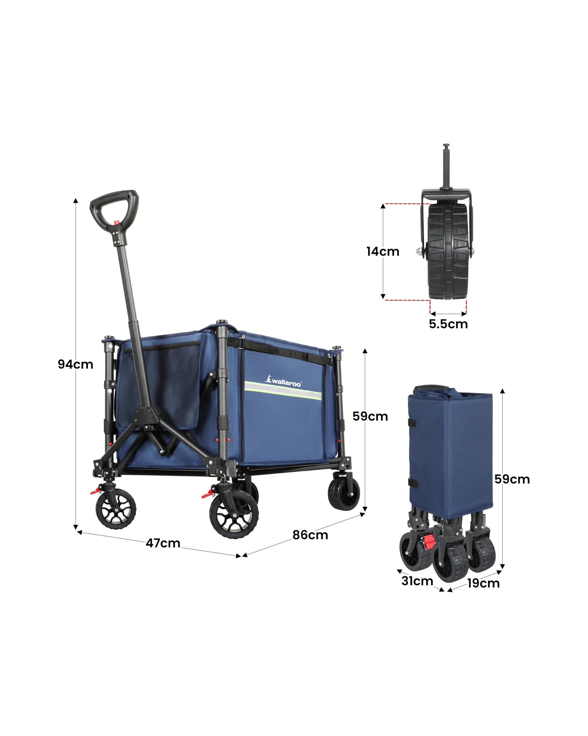 2 Wallaroo Collapsible 120L Camping Trolley Steel Frame Storage Gardening Picnic Cart - Blue, 2 of 8