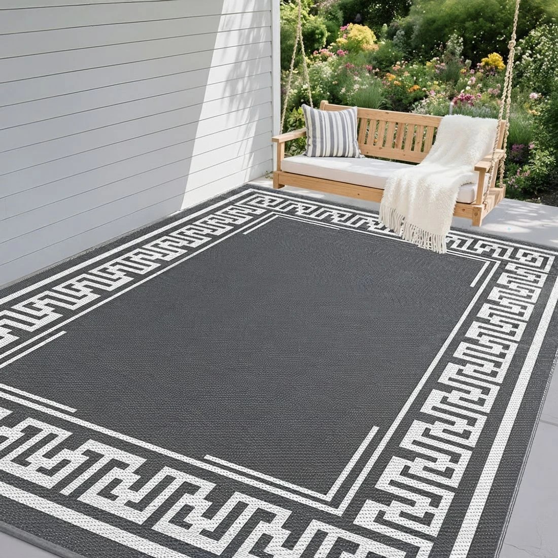 4 Gardeon Outdoor Rugs 274x366cm Large Carpet Reversible Area Mat PP Dual-Sided Patio Rug Greek Key - Grey, 4 of 8