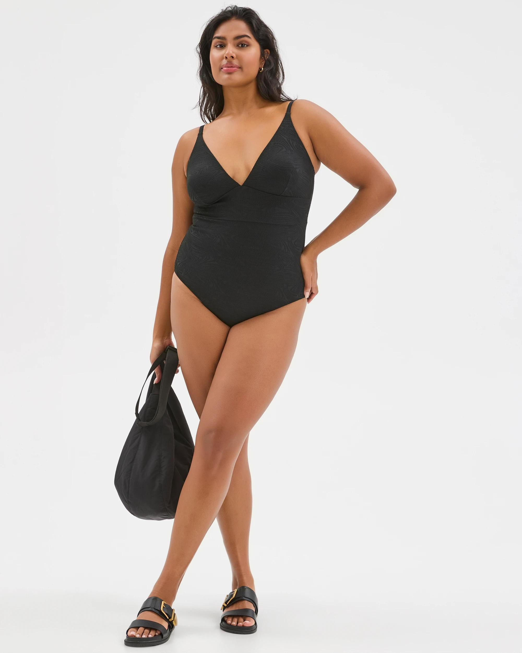 6 Target Woman Shape Your Body V-Front Wave Jacquard One Piece Swimsuit BLACK, 6 of 9