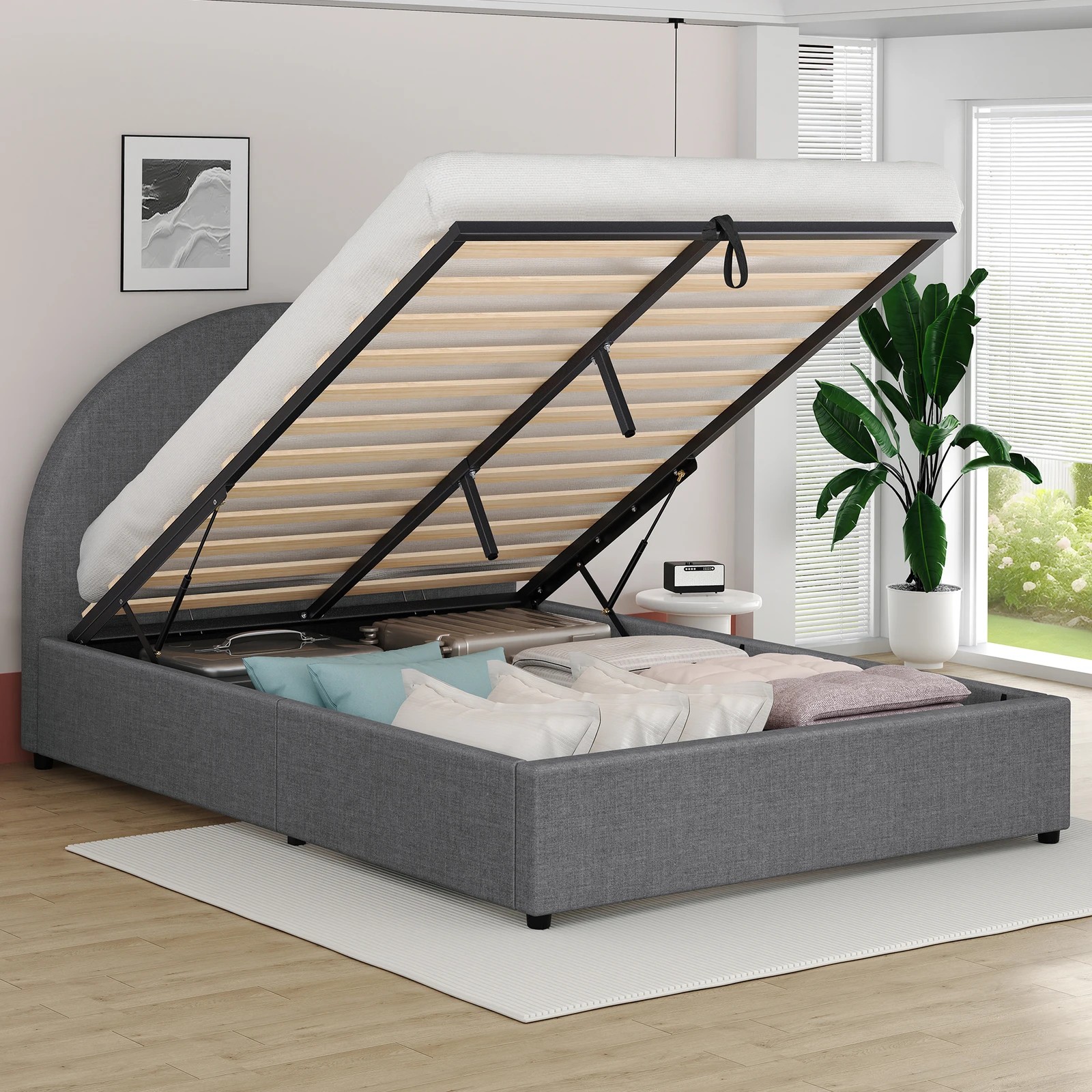 4 Alfordson Bed Frame Queen Size Gas Lift Base With Storage Fabric Howell - Grey, 4 of 10