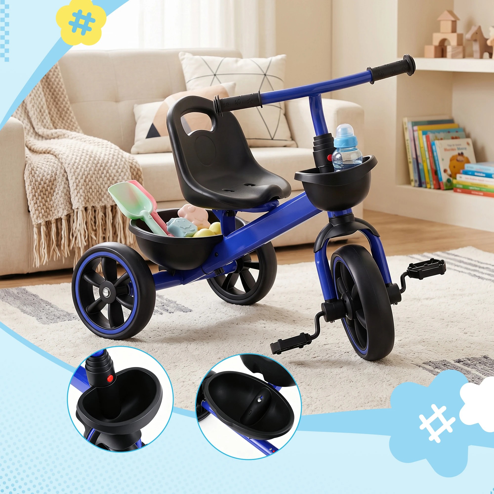 6 RIGO Tricycle Bike, Kids Bike with 3 wheels, basket Carbon Steel 68cm - Blue, 6 of 9