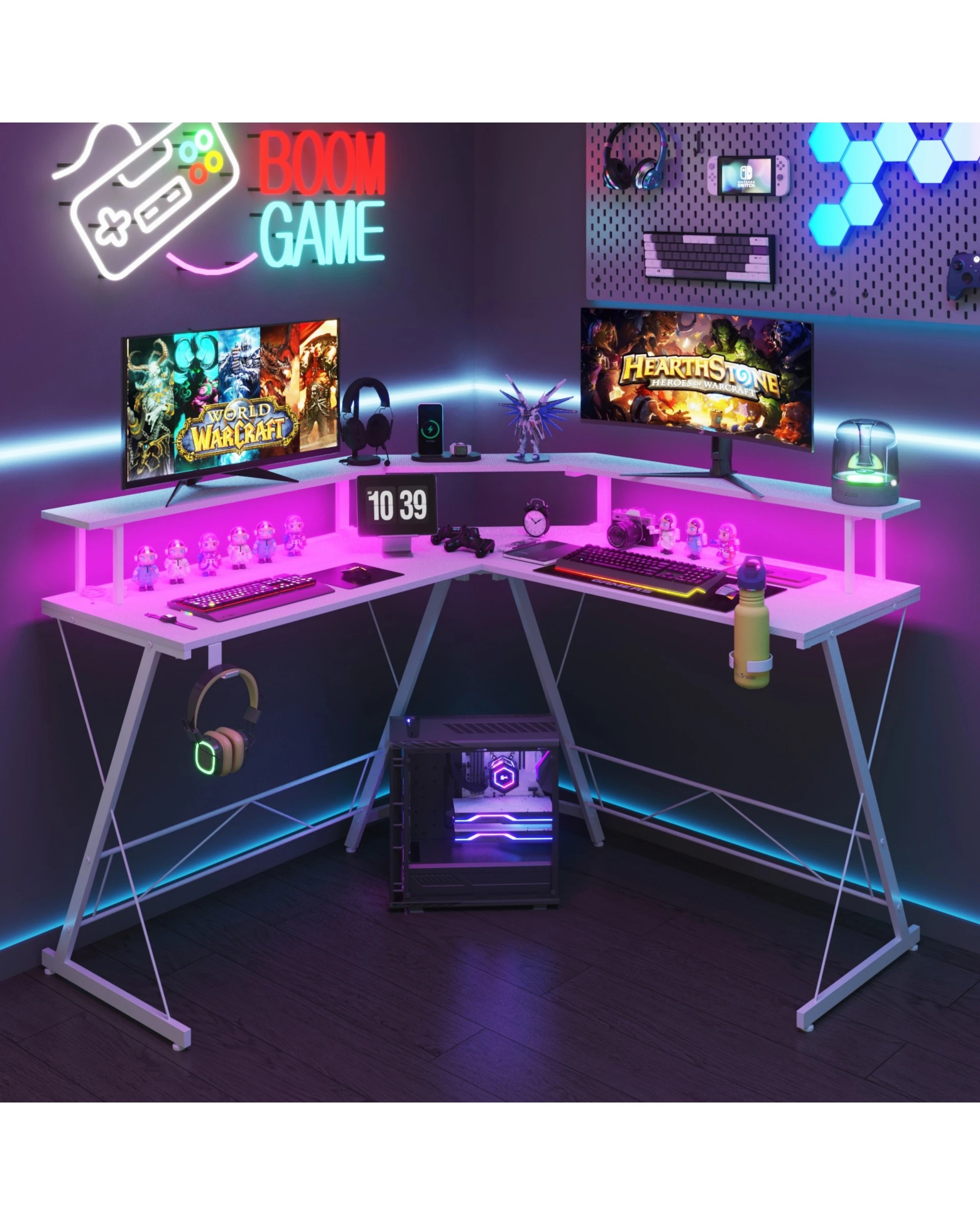 8 Advwin White L Shaped Gaming Desk With Led Lights & Power Outlets, 8 of 8