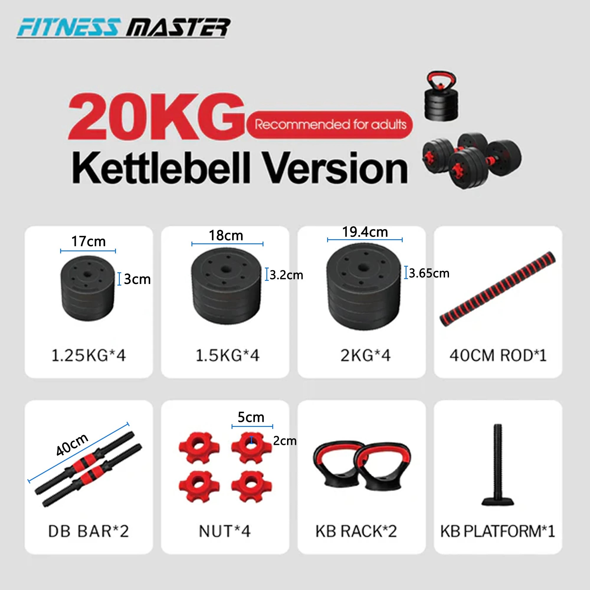 4 Fitness Master 20kg 7in1 Adjustable Dumbbell Barbell Kettlebell Set Home Gym, 4 of 10