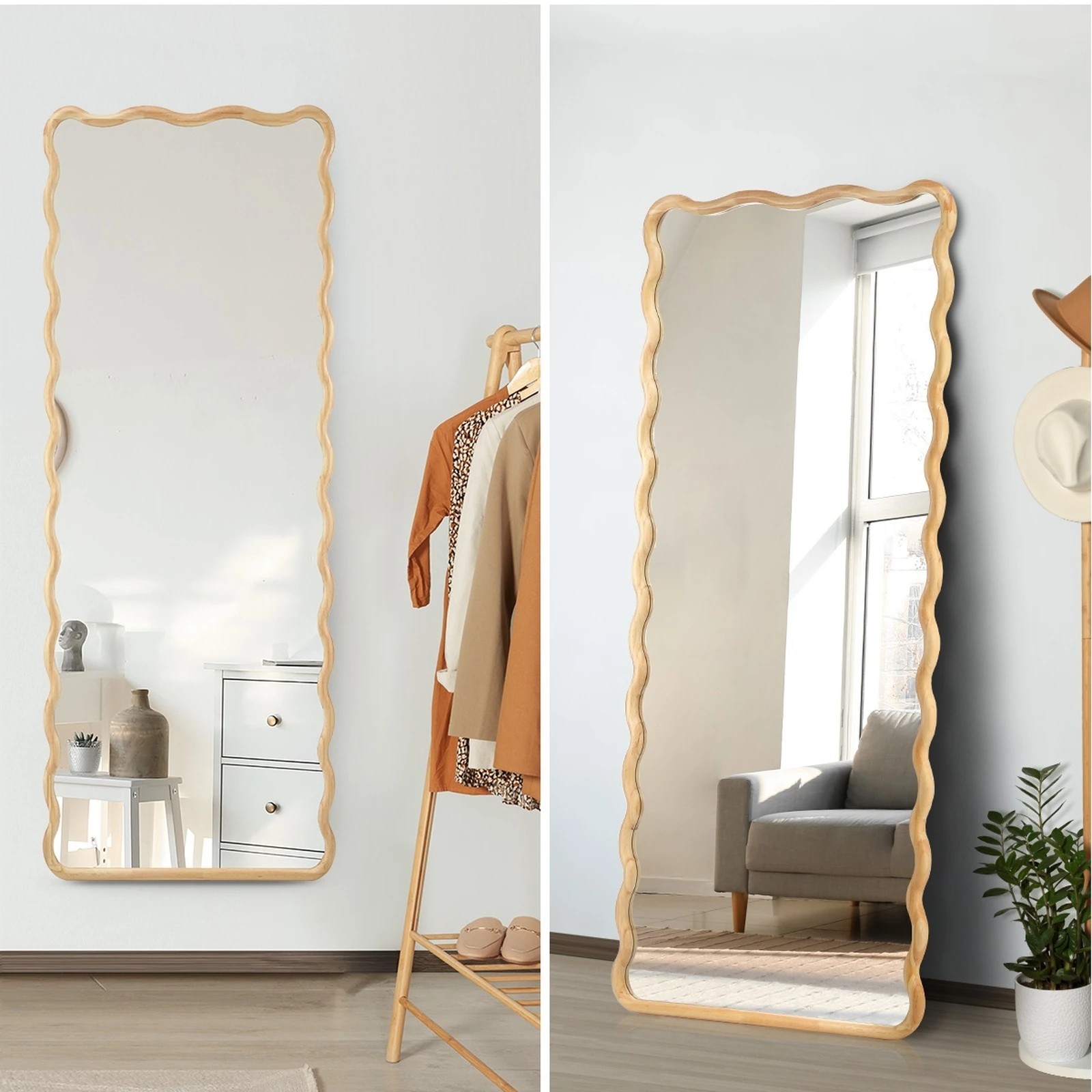 4 Oikiture Wooden Full Length Mirror 180x70cm Wavy Dressing Floor Mirrors
 - Natural, 4 of 9