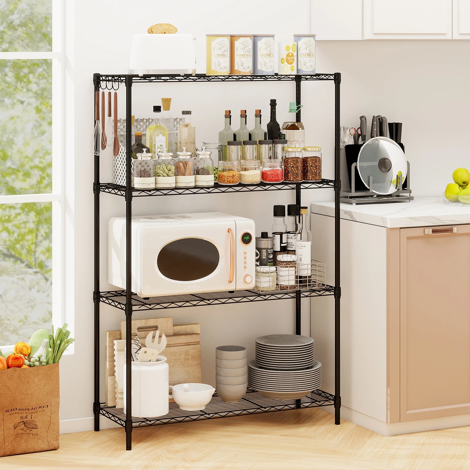 2 Costway 4-Tier Wire Shelving Unit Adjustable Heavy-Duty Metal Storage Shelves w/4 Hooks, 2 of 5