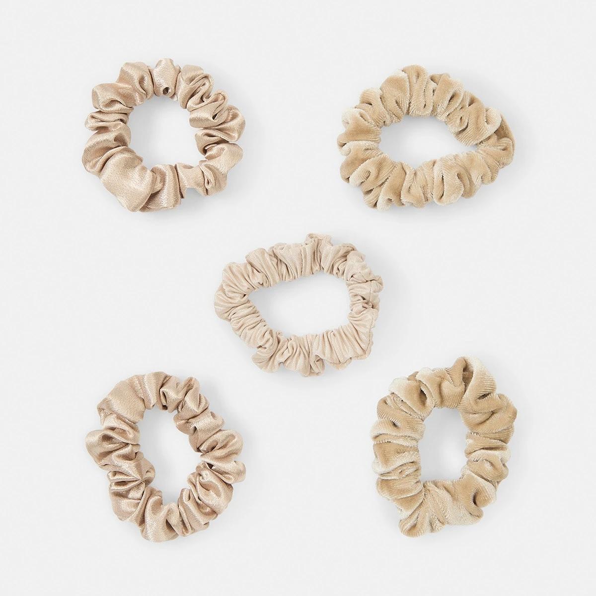 1 5 Pack Mini Textured Hair Scrunchies Beige, 1 of 5