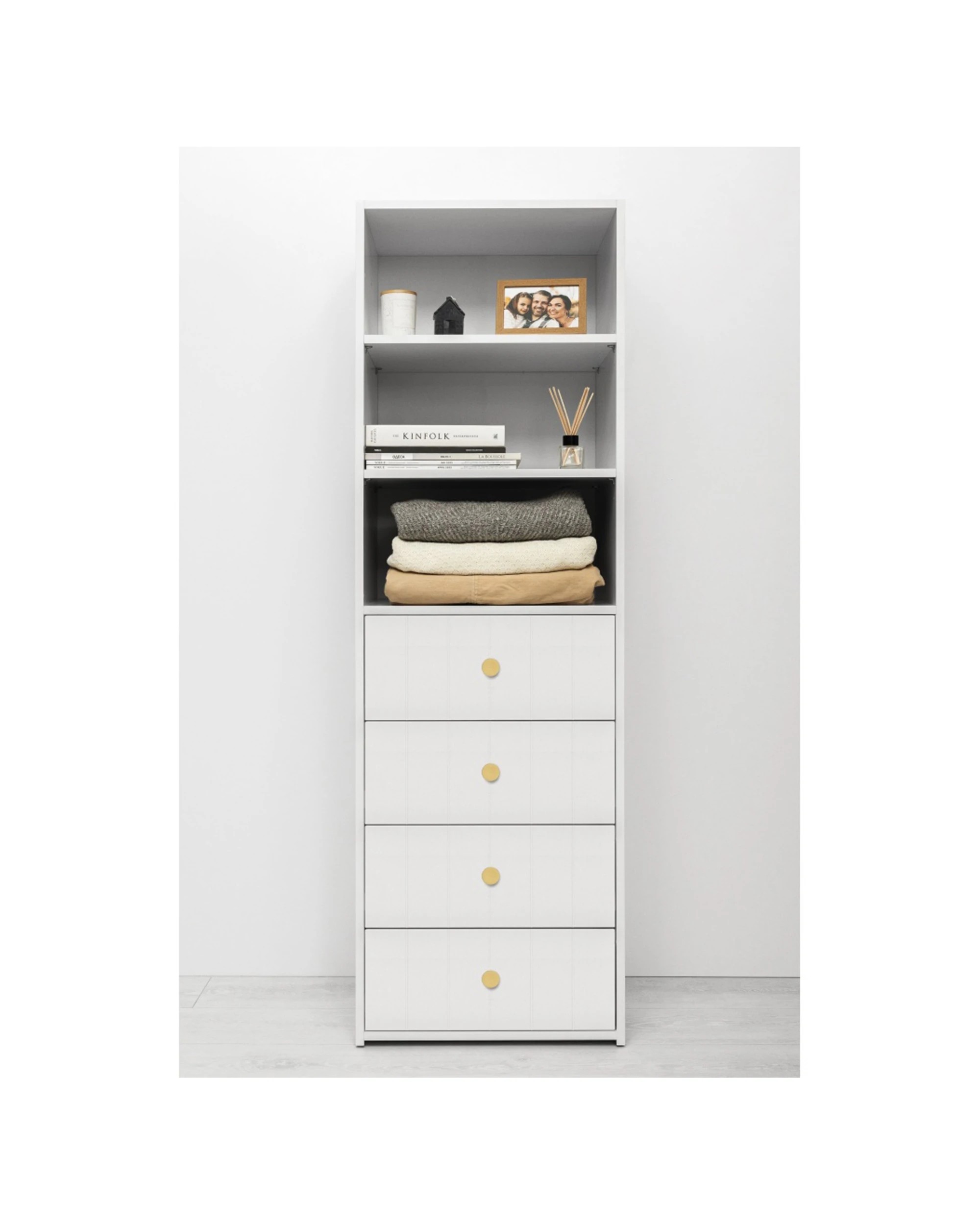 2 European Cabinetry Geneva 3 Shelf 4 Drawer Built In Wardrobe VJ Panel Brass Round Handle - White, 2 of 3
