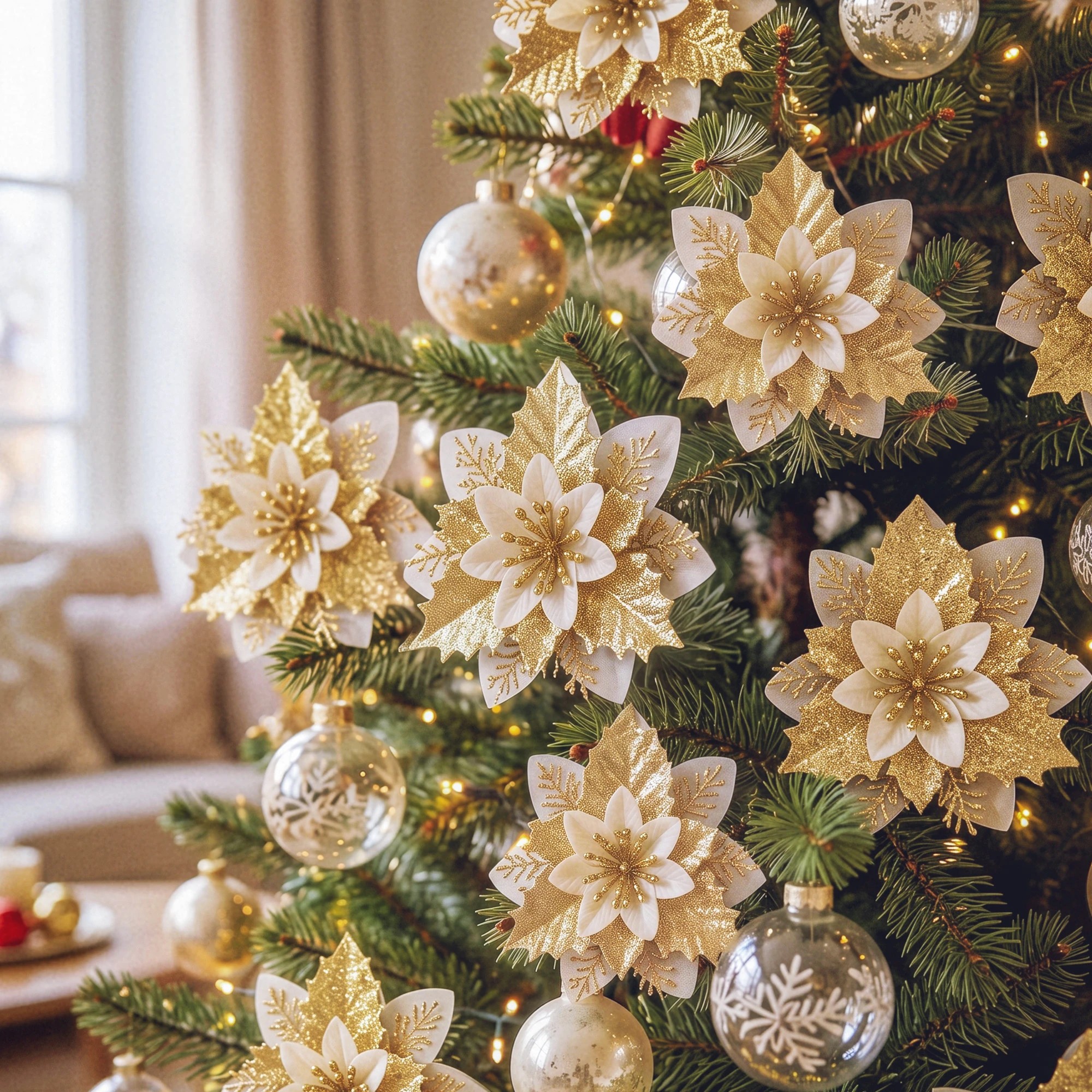 9 Jingle Jollys 10Pcs Christmas Tree Flower Set Xmas Garland Wreath Poinsettia Decorations - Gold, 9 of 9