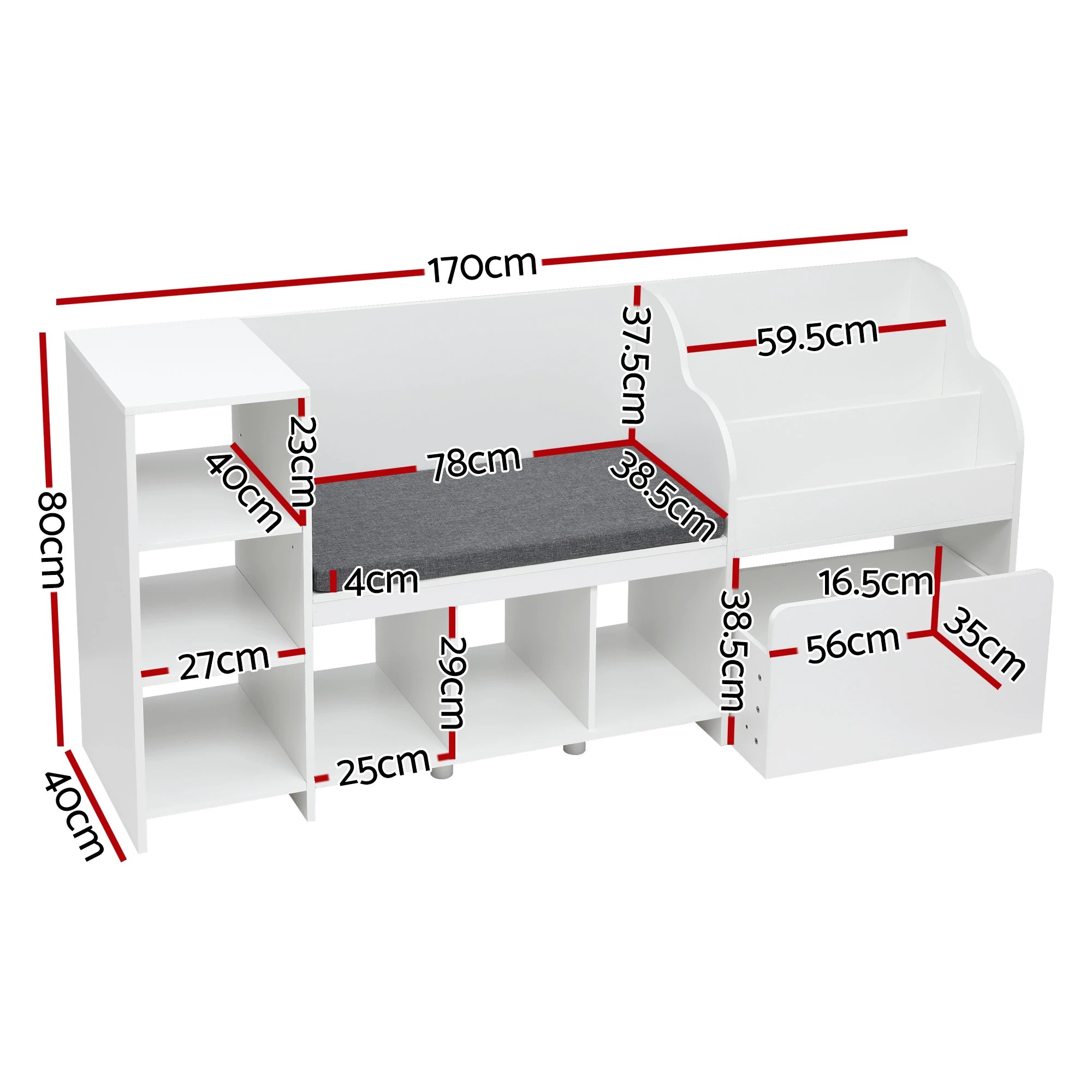 3 Keezi Kids Storage Unit Bookshelf Toy Box Organiser Bench Seat Cabinet 170cm - White, 3 of 8