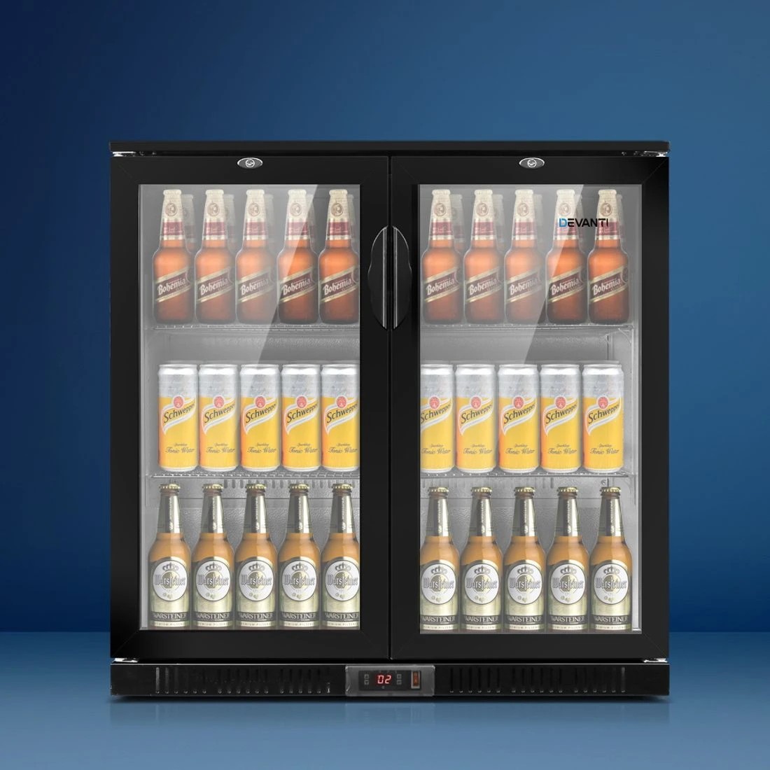 3 Devanti 198L Bar Fridge Dual Glass Door with Light Beverage Adjustable Shelves Quiet Lockable
 - black, 3 of 6