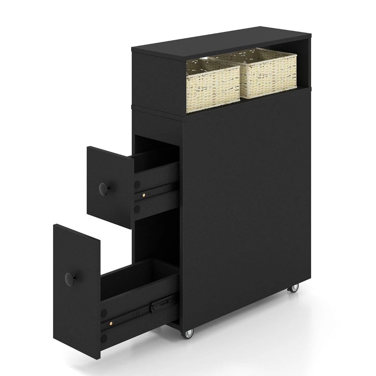 1 Costway Mobile Bathroom Storage Cabinet Laundry Sideboard w/Tissue Holder - Black, 1 of 6