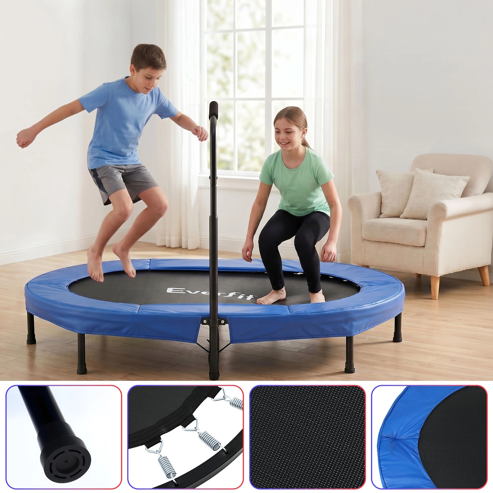 6 Everfit 56-Inch Foldable Fitness Trampoline Indoor Rebounder Double Mini Trampoline Adjustable Handrail 150KG - Blue, 6 of 7