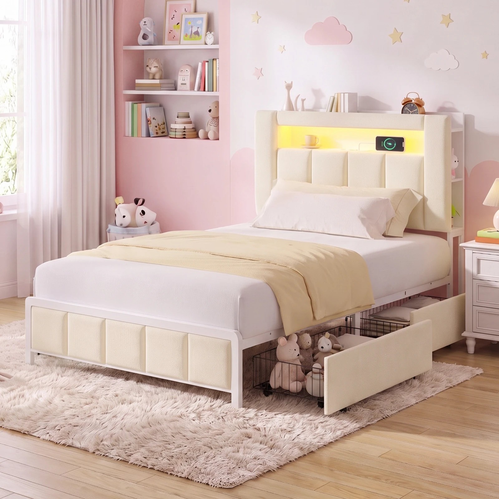 6 Advwin Kingsingle Bed Frame with LED Shelves and Charging Station - Beige, 6 of 7