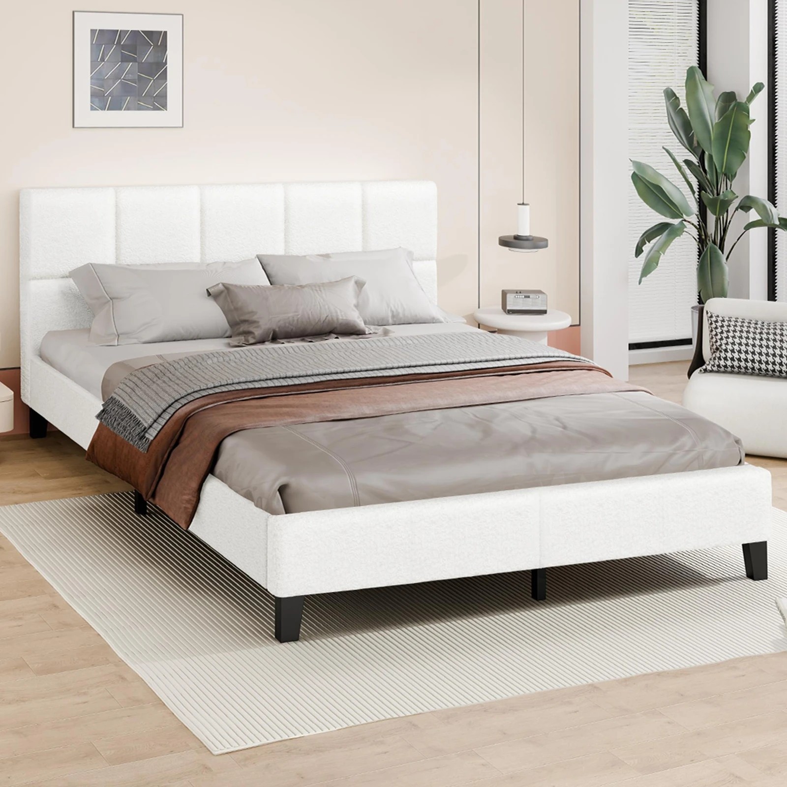 4 Alfordson Bed Frame King Size Wooden Platform Mattress Base Boucle Fabric - White, 4 of 10