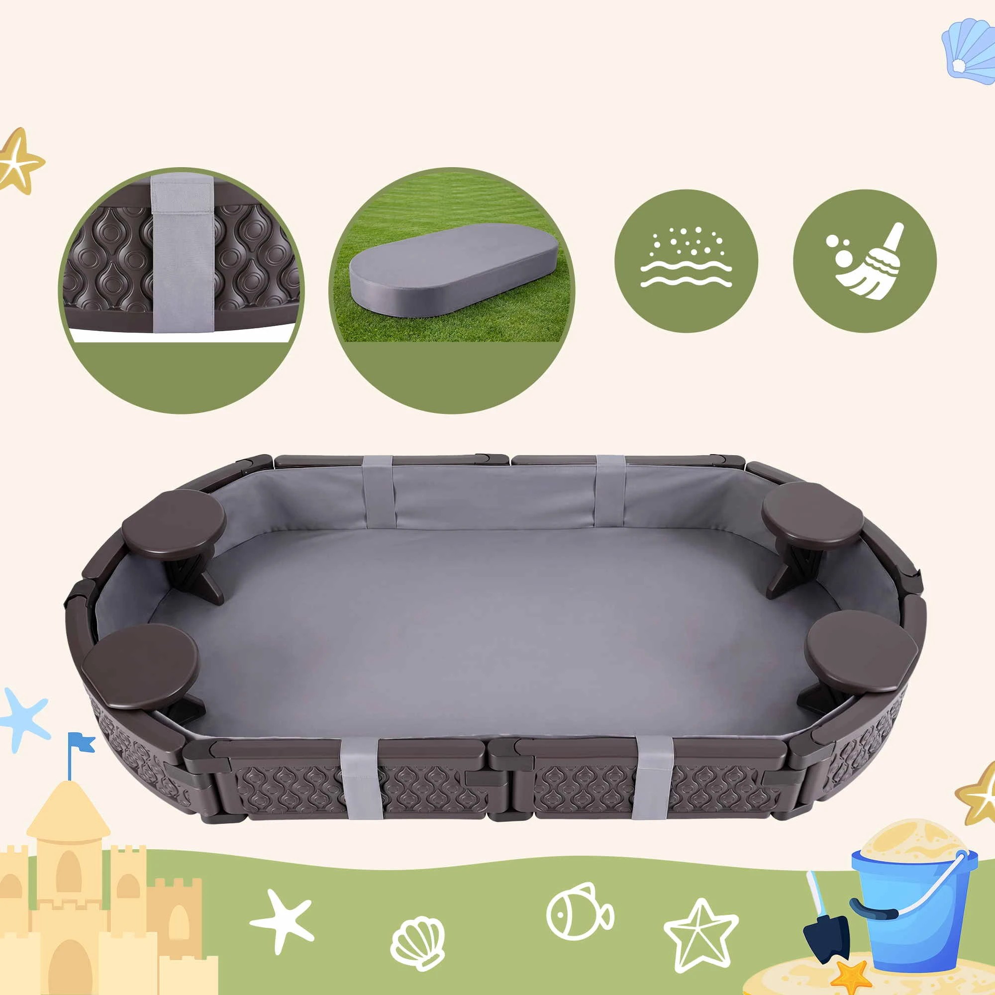 6 Keezi Kids Oval Outdoor Sandpit Toys with 4 Seats and Grey Liner Cloth - Brown, 6 of 8