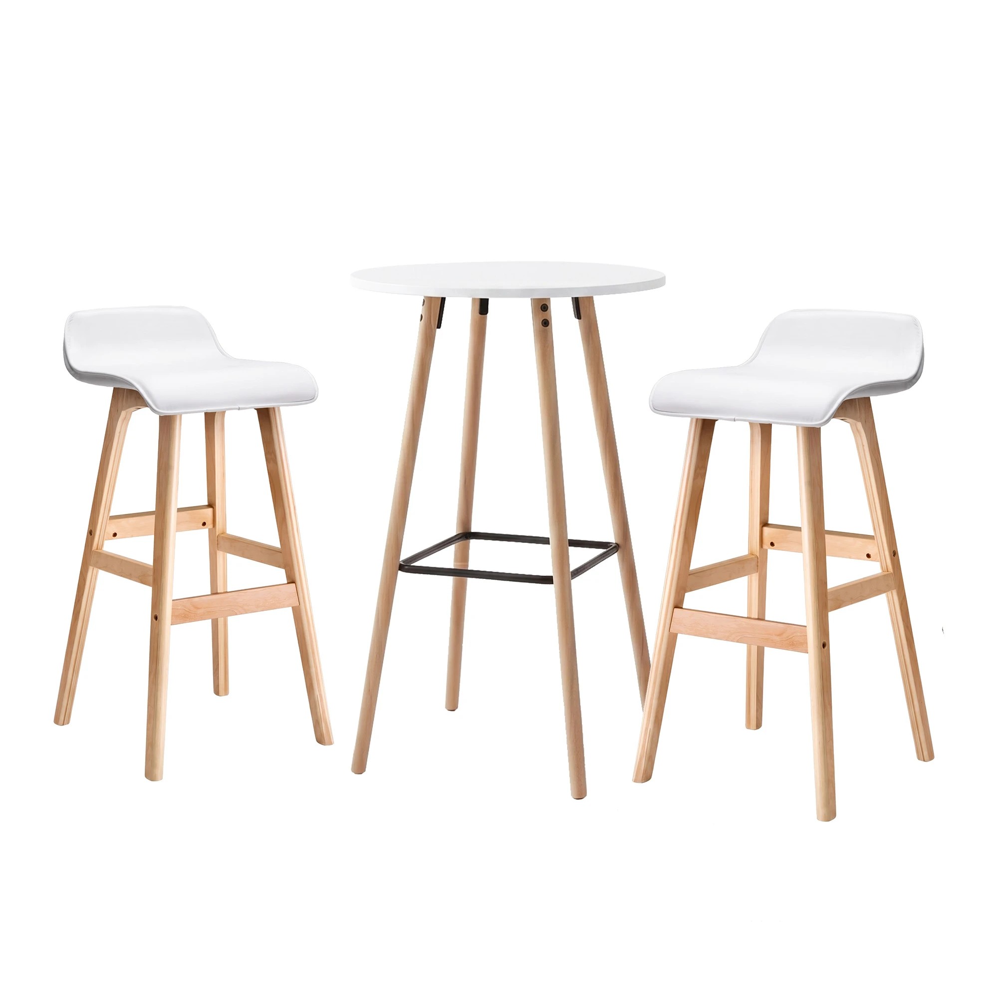 1 Artiss 3 Pcs Bar Table and Stools Set with Cushioned Stools Round Wooden Pub Dining Table - White, 1 of 9