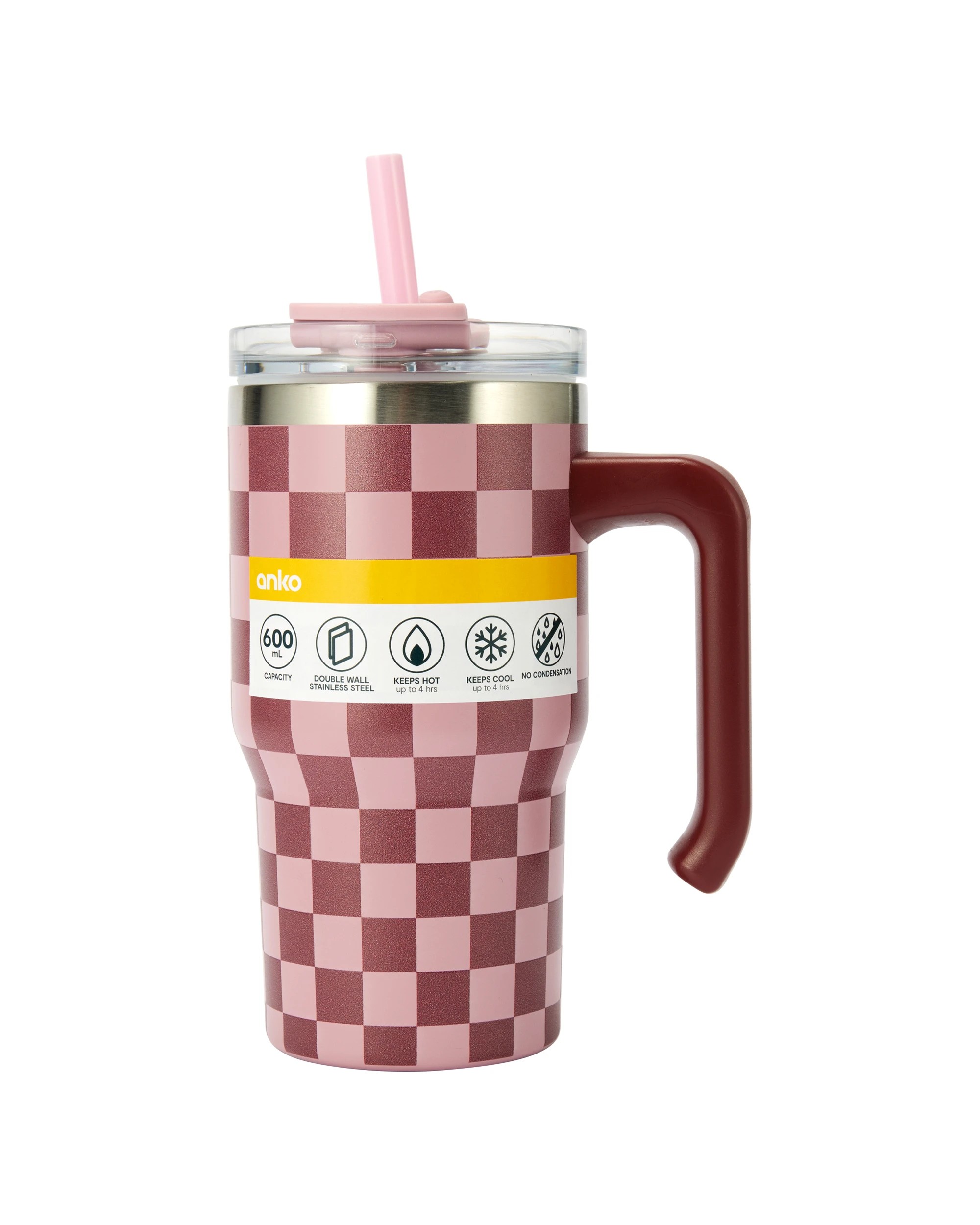 6 600ml Burgundy Check Tumbler with Handle, 6 of 6