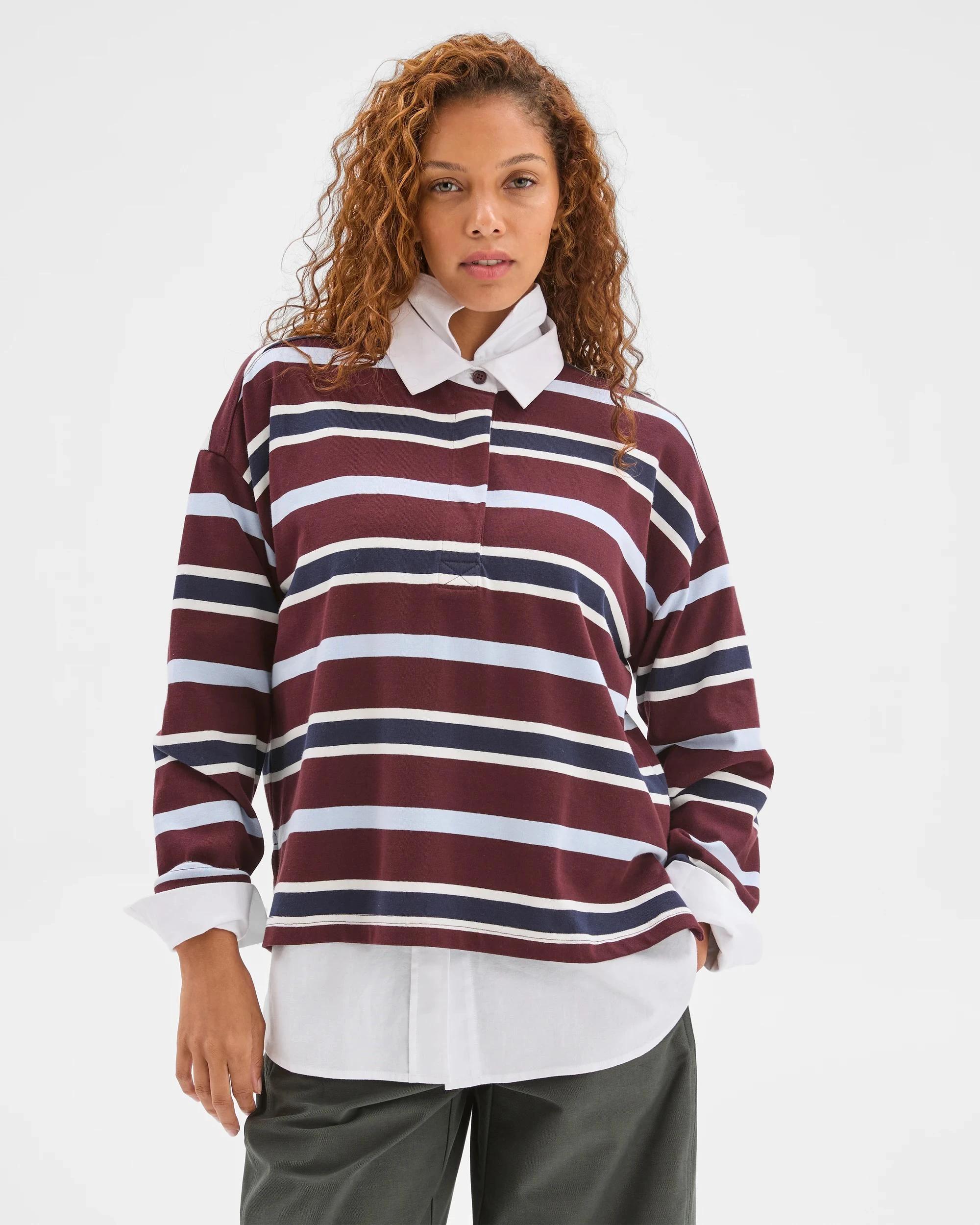 1 Target Woman Australian Cotton Long Sleeve Rugby Polo Top BURGUNDY STRIPE, 1 of 6