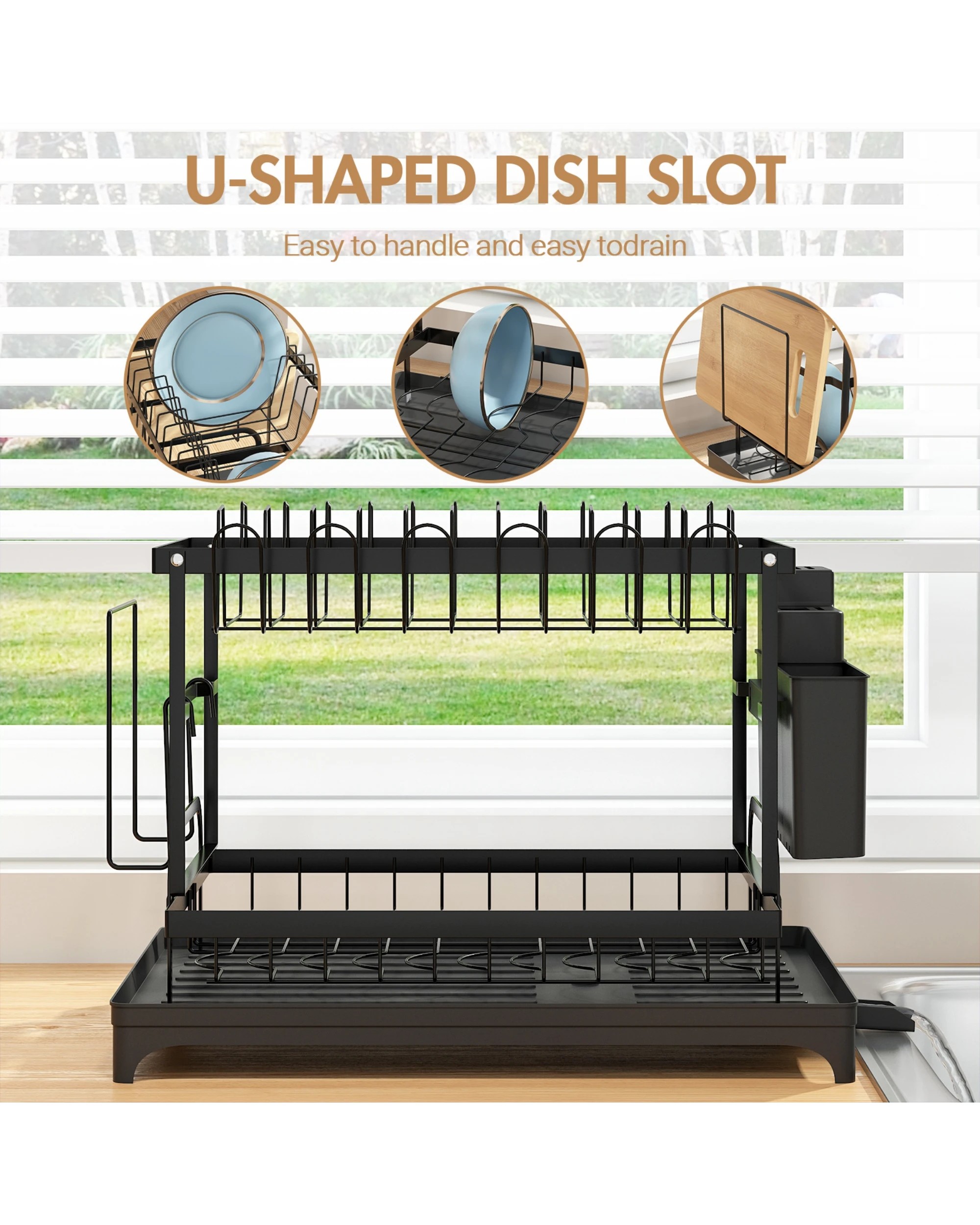 1 Advwin 2 Tier Dish Drying Rack Plate Drainer Cutlery Holder Kitchen Organizer
 - Black, 1 of 3