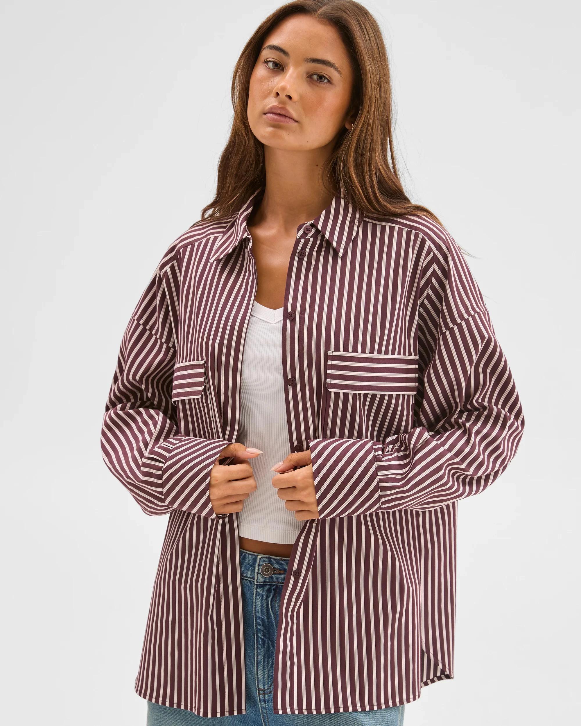 3 Lily Loves Australian Cotton Blend Oversized Shirt FUDGE STRIPE, 3 of 7