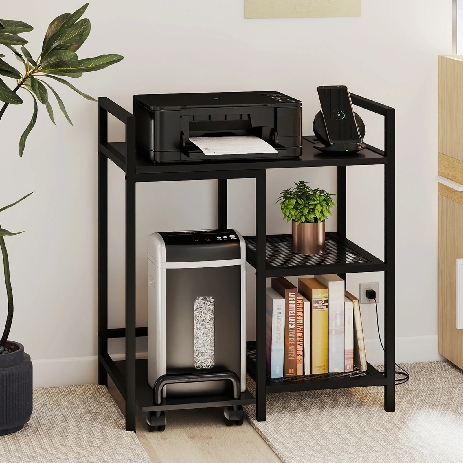 4 Costway Printer Stand w/Charging Station 3-Tier Storage Side Table - Black, 4 of 6