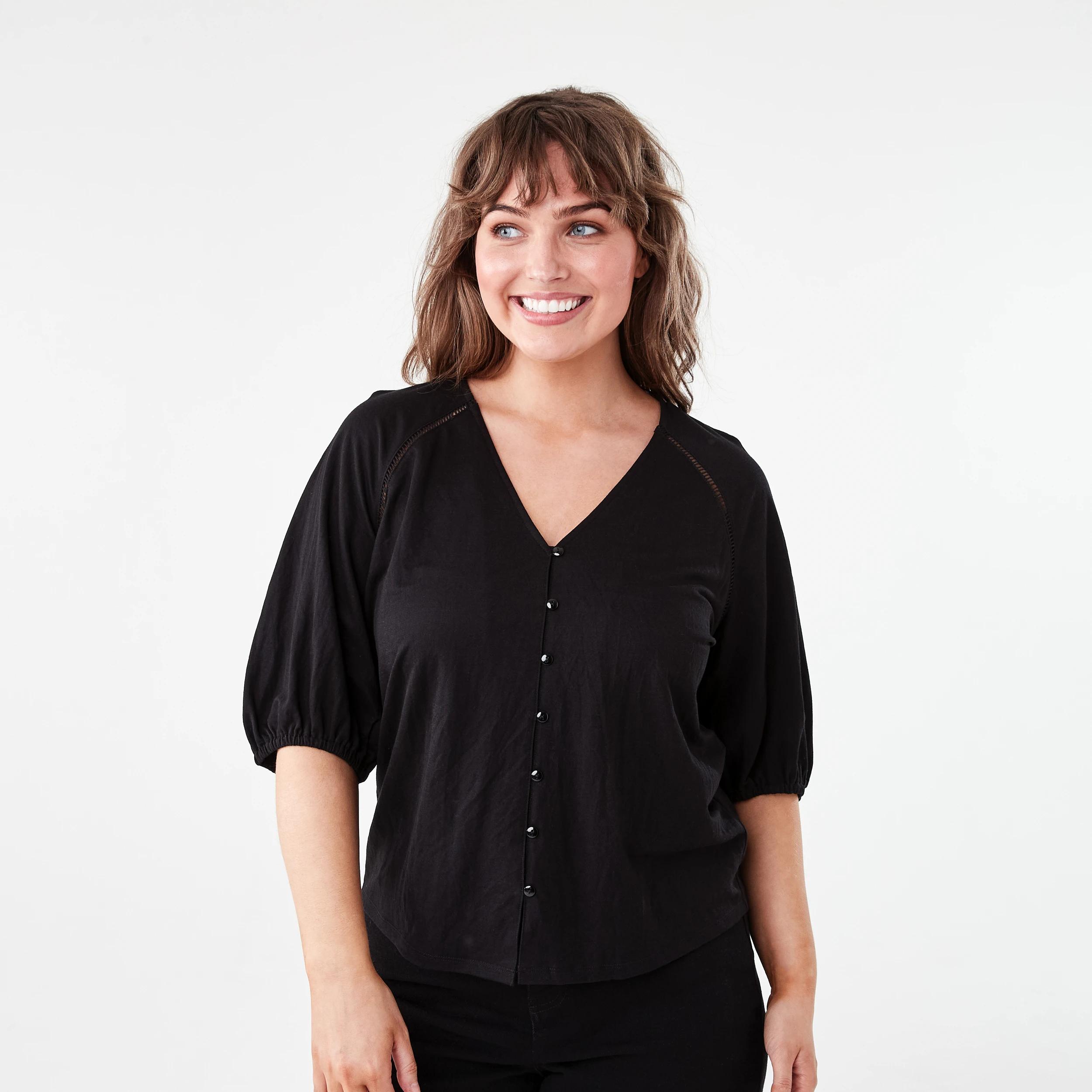 1 Short Sleeve Button Detail Top BLACK, 1 of 6