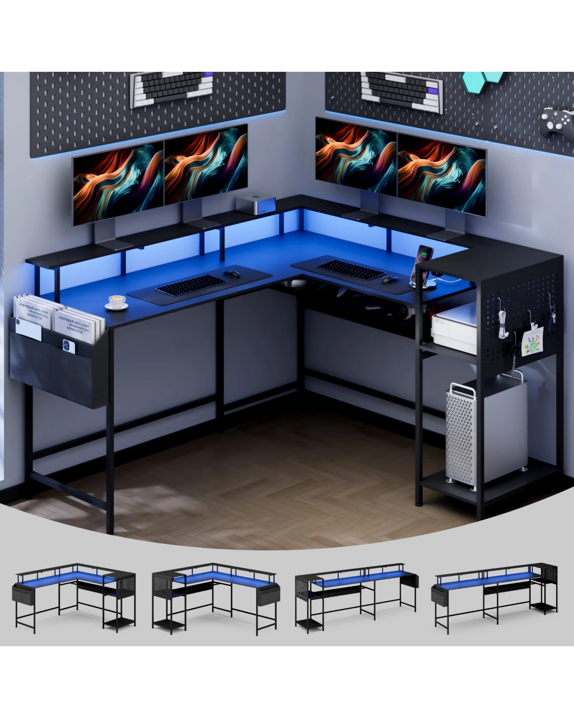 4 Advwin 150cm Convertible Gaming Computer Desk w/ LED Lights & Power Outlets  - Black, 4 of 10