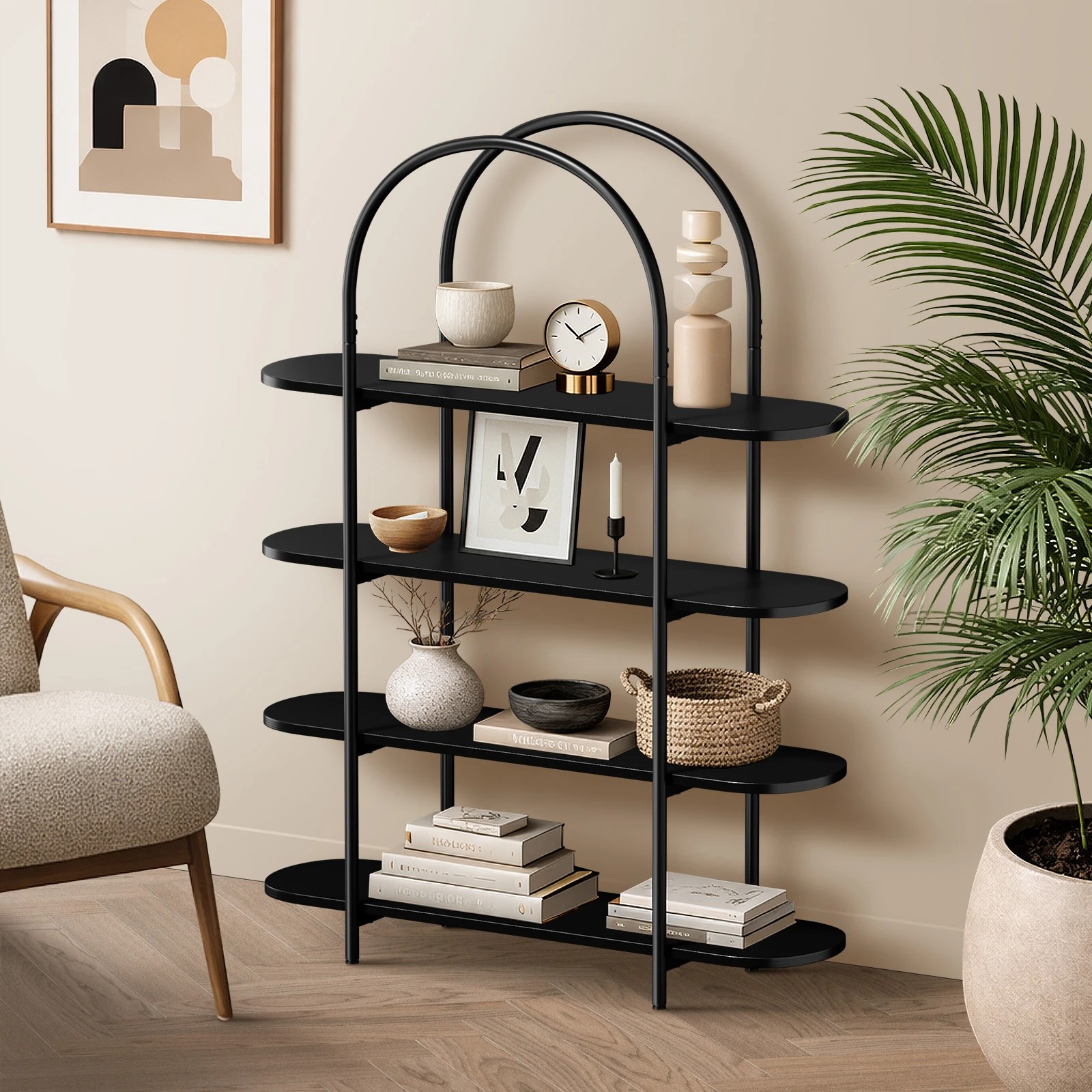 2 Oikiture Bookshelf 4 Tier Arched Display Shelf Home Industrial - Black, 2 of 9