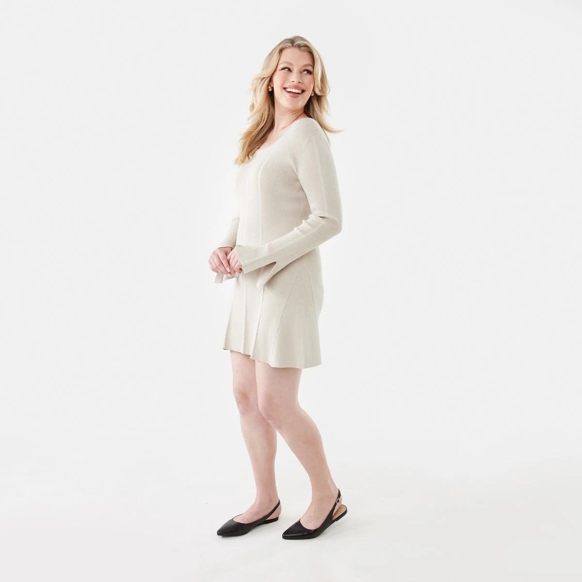 3 Long Sleeve Scoop Knit Skater Mini Dress Bone Beige, 3 of 10