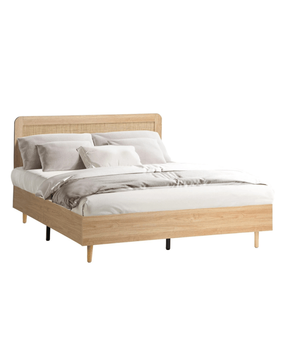Oikiture Bed Frame Double Size Wooden Bed Frame Rattan Headboard