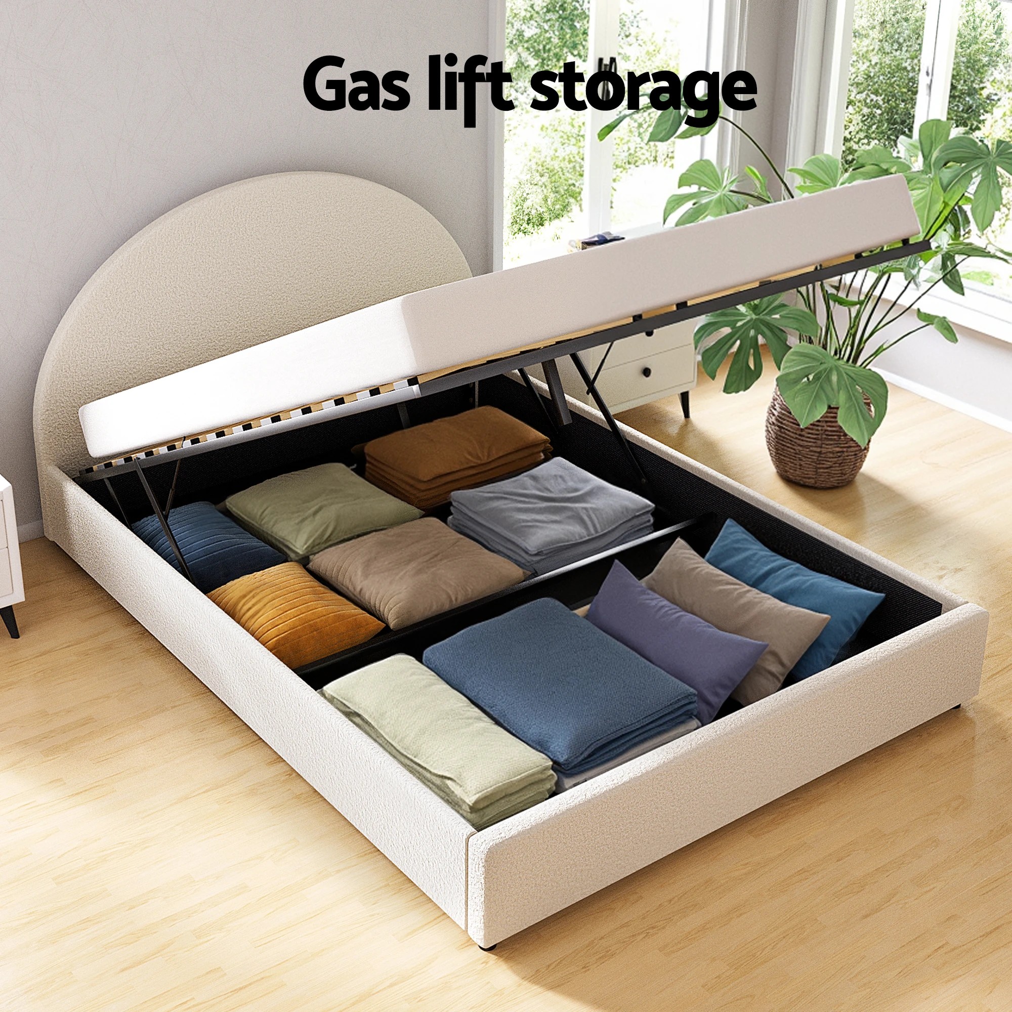 3 Artiss Gas Lift Queen Bed Frame with Bedside Table Set Boucle Fabric Upholste Platform Bed Nightstand - Multi, 3 of 7