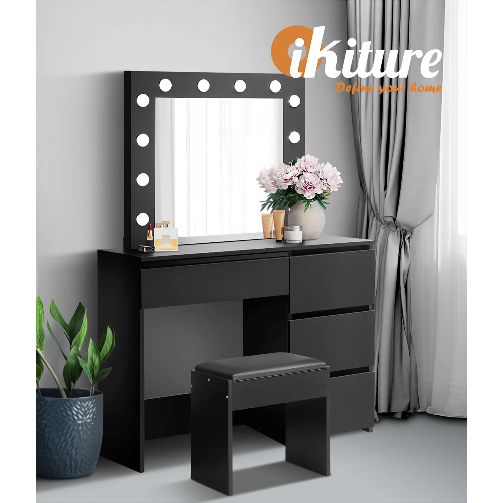 6 Oikiture Dressing Table Stool Set Makeup Desk Mirror Storage 12 Led Bulbs
 - Black, 6 of 9