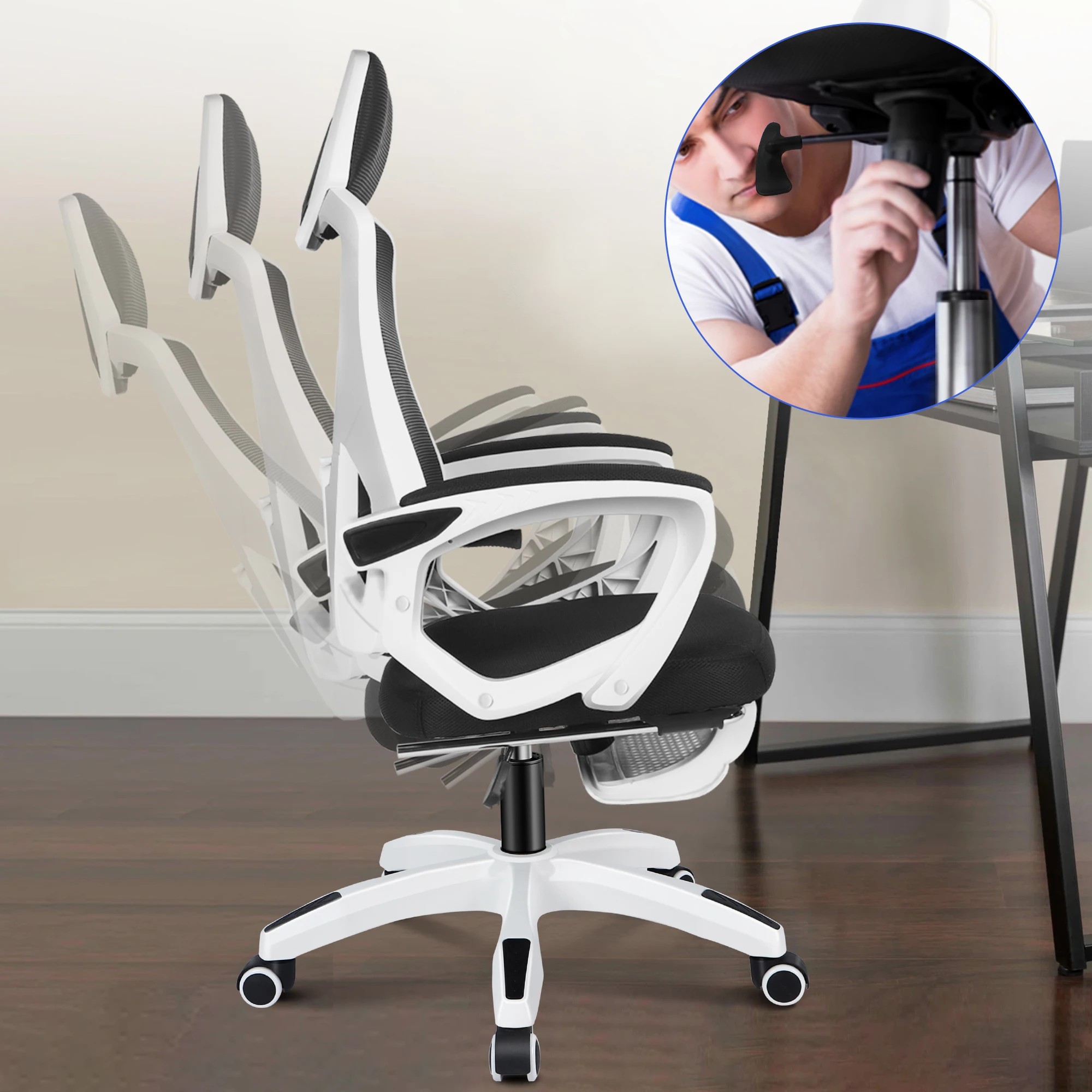 5 Alfordson Mesh Office Chair Executive Computer Recliner Fabric Racing Seat Work - White Black, 5 of 10