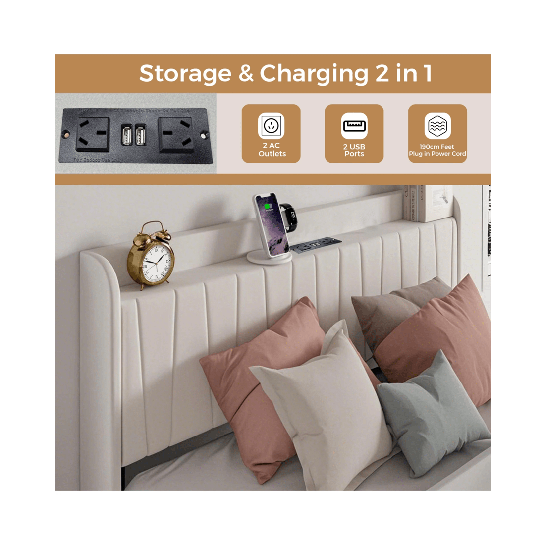 4 Advwin Queen Bed Frame With 4 Storage Drawers & Charging Station Biege, 4 of 7