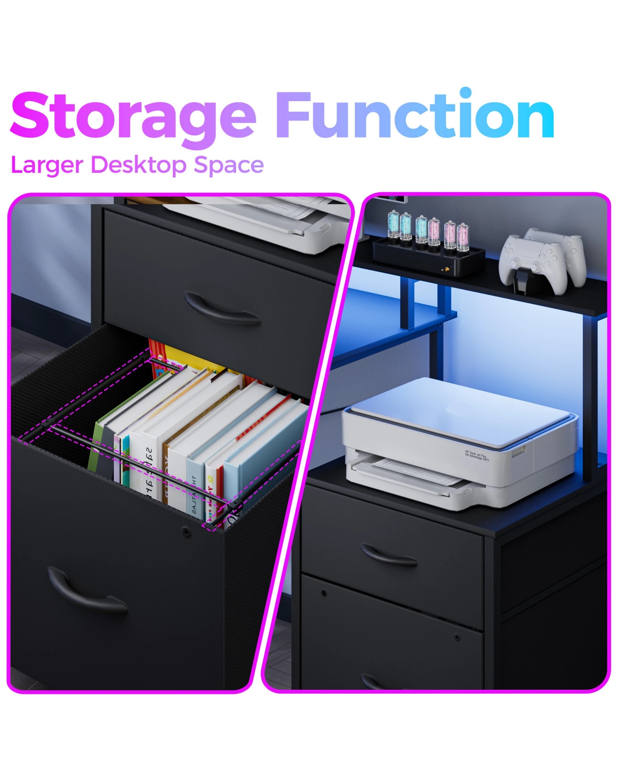 6 Advwin L Shaped Gaming Desk With Led Lights & Power Outlets, 6 of 8