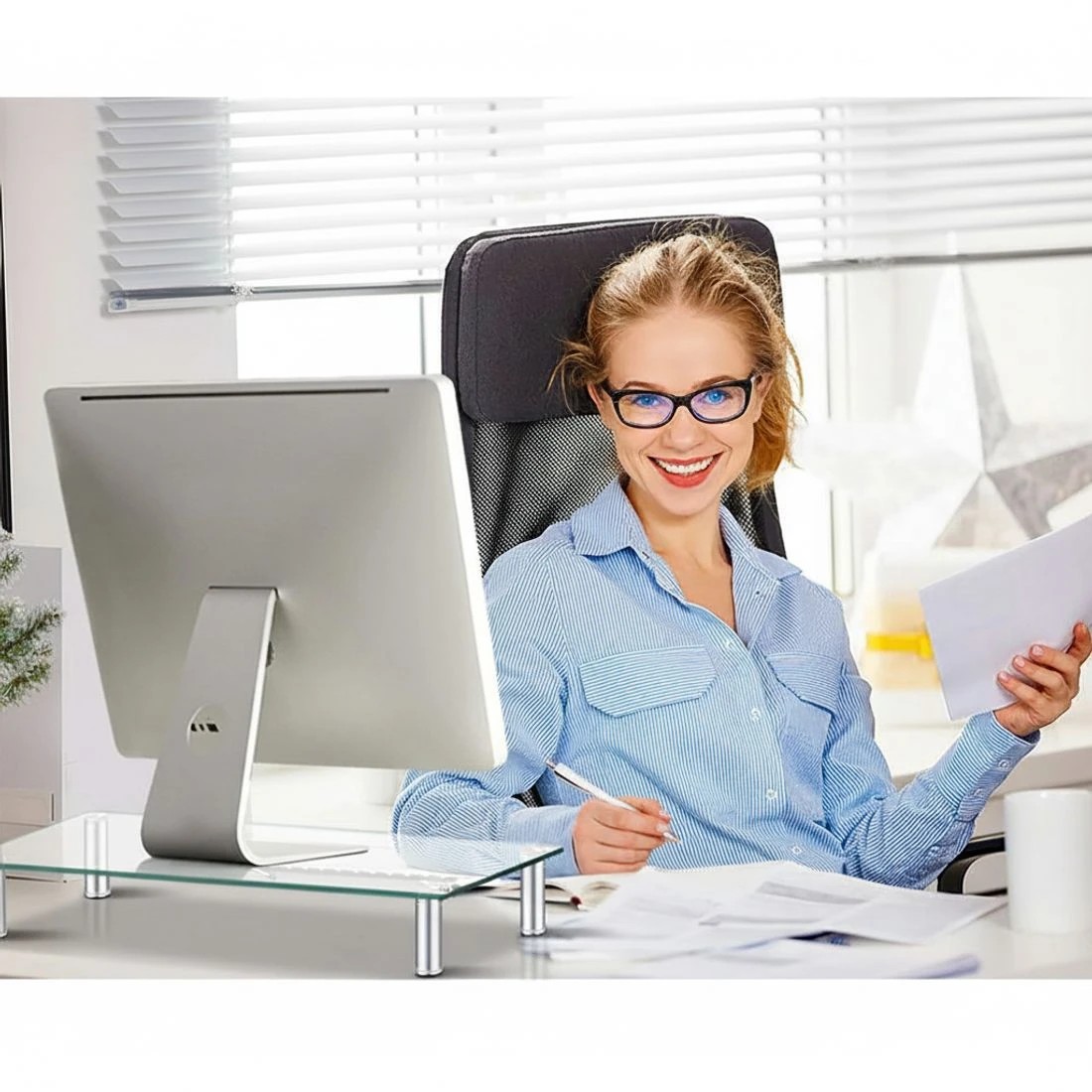 6 Artiss Monitor Stand Riser with Height Adjustable Computer Laptop Printer Screen Glass Display Shelf - Black, 6 of 6