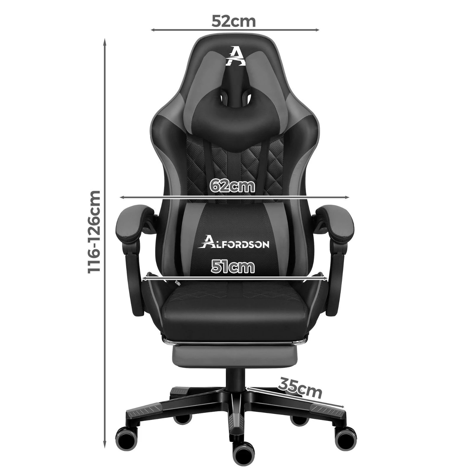 3 Alfordson Gaming Chair Office Racer Large Lumbar Cushion Footrest Seat Leather - Grey, 3 of 10