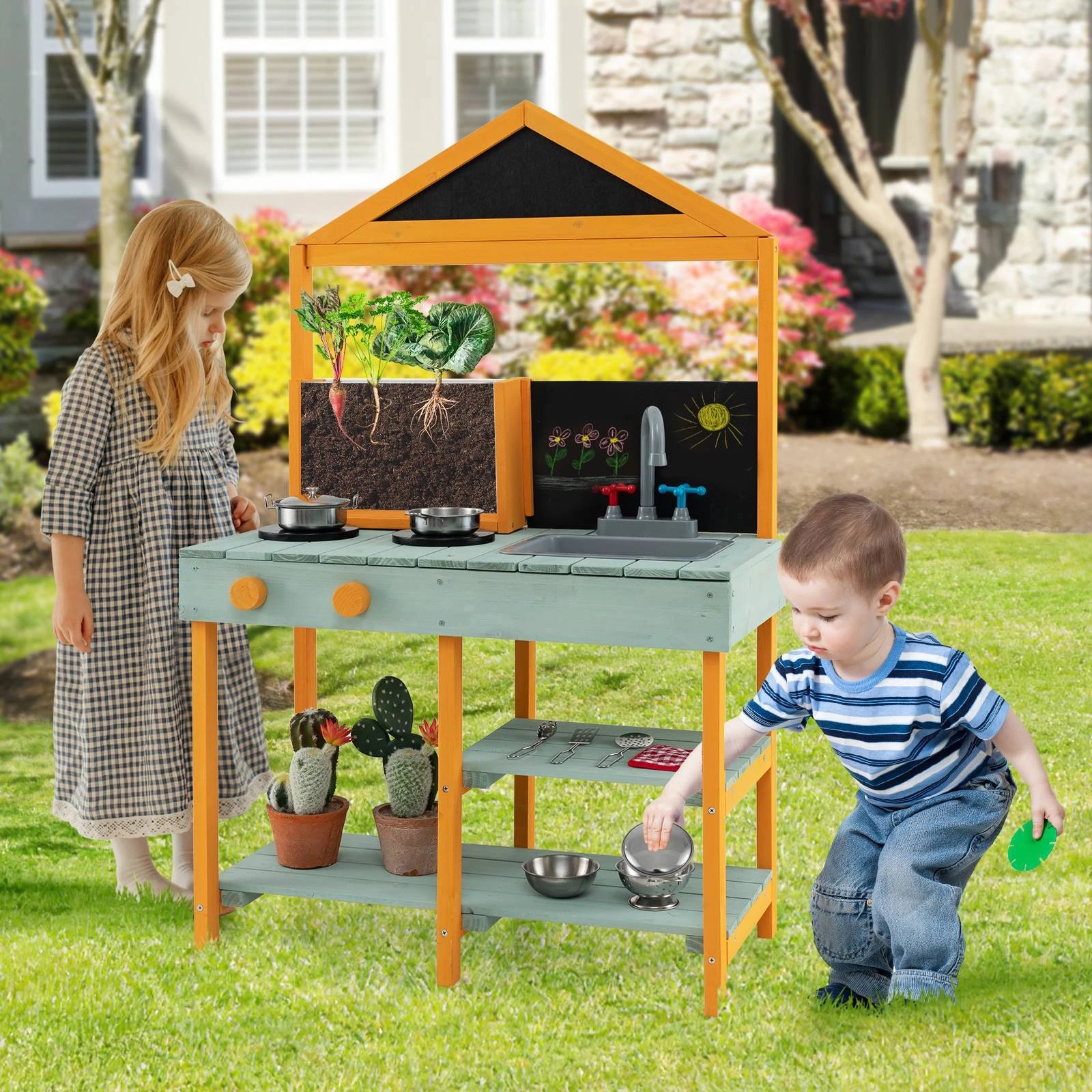 2 Costway Kitchen Pretend Playset Outdoor Kitchen Toy w/Planter - Multi, 2 of 2