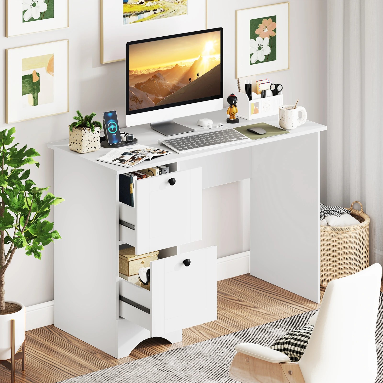 2 Costway Modern Study Writing Workstation Laptop Table Computer Desk w/Drawers, 2 of 4