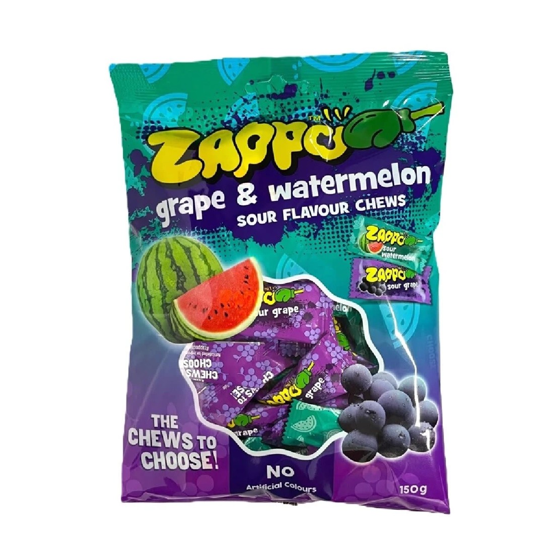 1 Zappo Grape & Watermelon Sour Flavour Chews 150g, 1 of 2