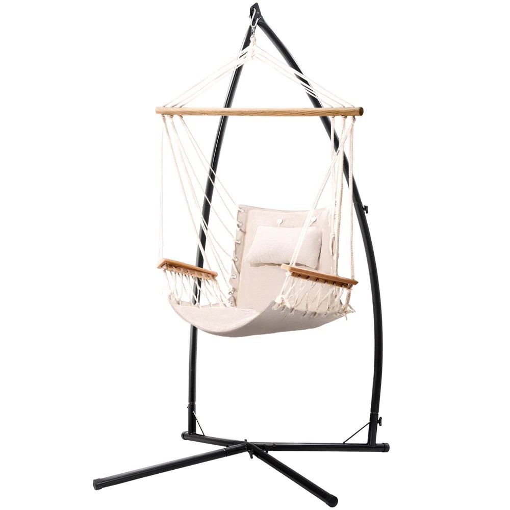 1 Gardeon Hammock Chair with Steel Stand Armrest Outdoor Hanging Cream - Multi, 1 of 6